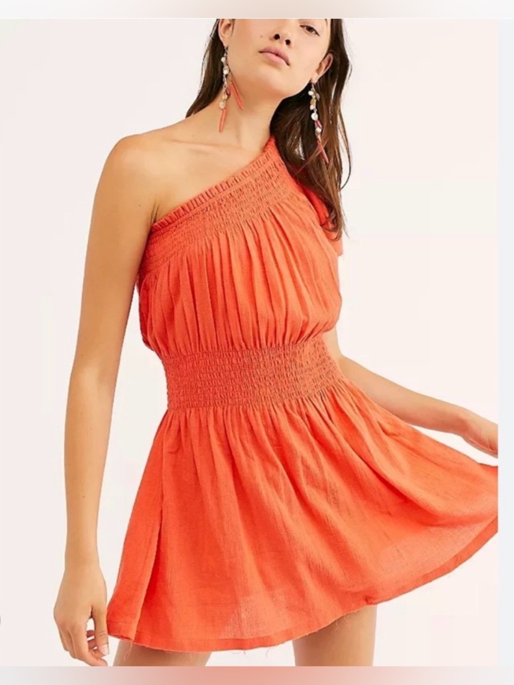 Free People One Shoulder Cotton Gauze Mini Dress Clementine Orange Large Boho